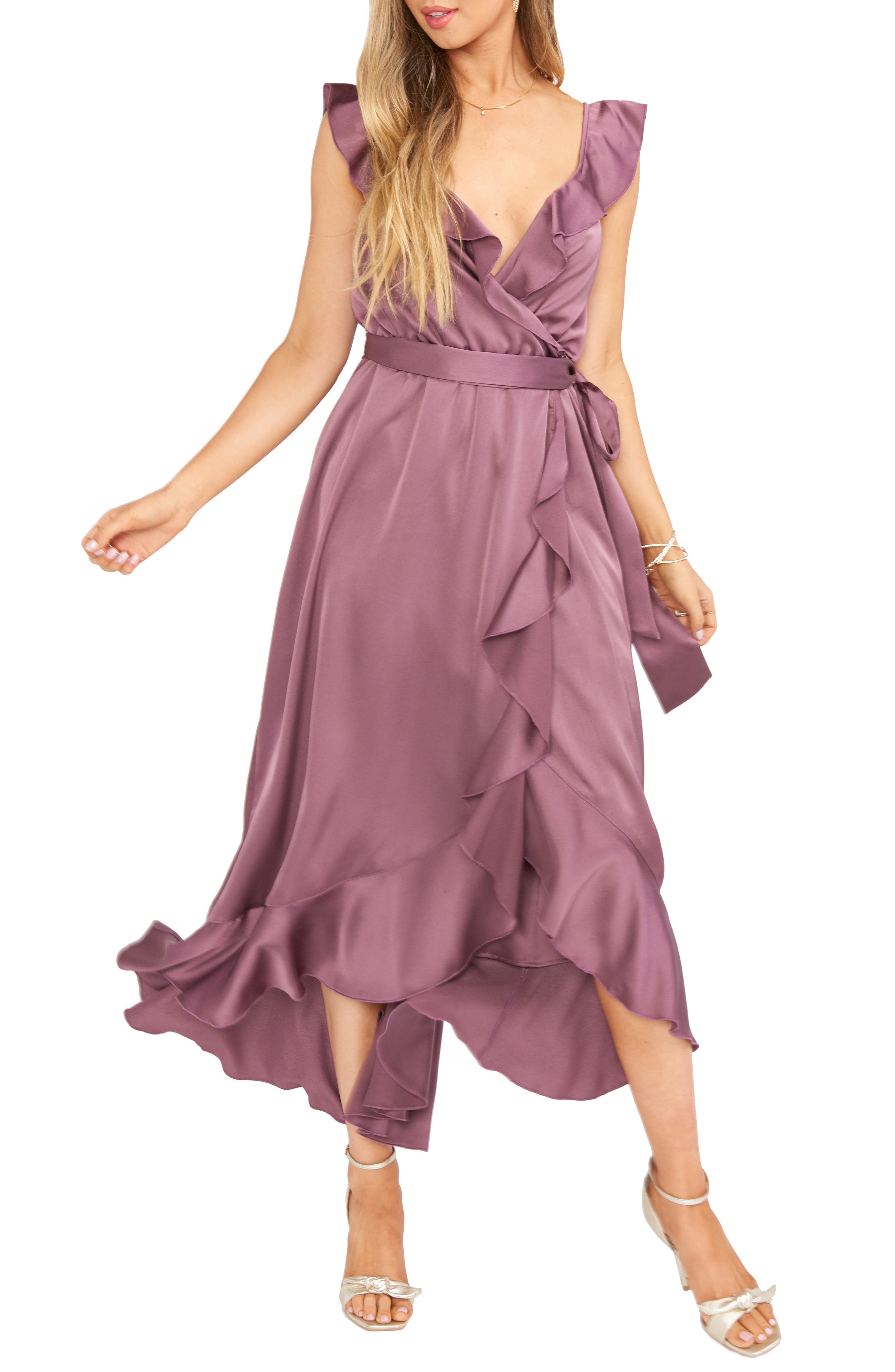 Show Me Your Mumu Samantha Ruffle Satin High/low Faux Wrap Dress In Dusty  Plum Luxe Satin | ModeSens